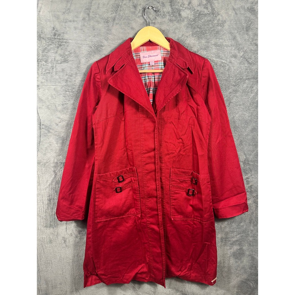 Ben Sherman Red Trench Coat Plaid Lined Cotton Jacket GJ401 Womens Size 6 US